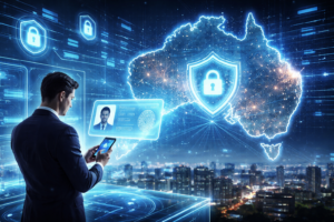 Futuristic picture of someone projecting a digital ID onto a map of Australia