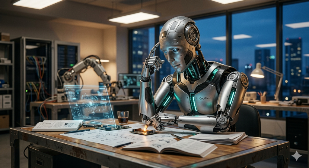 Robot sat at desk, deep in thought